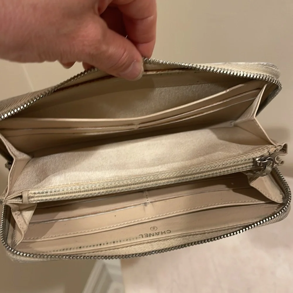 Chanel beige quilted lambskin zip around wallet
